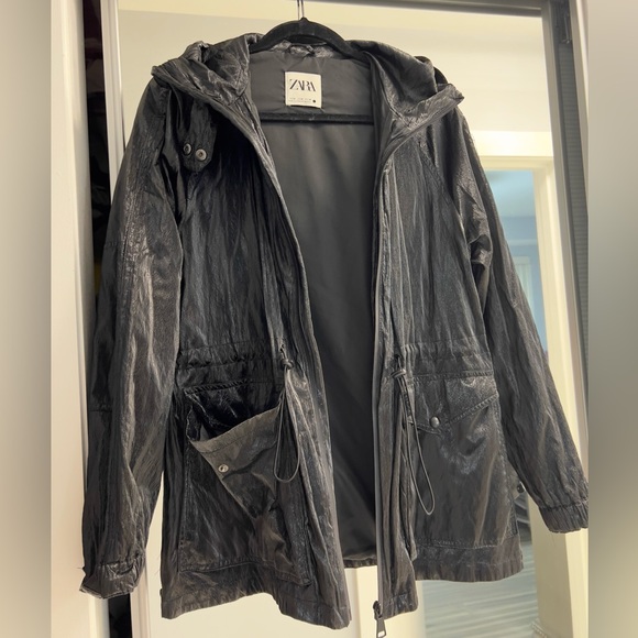 Zara black shiny parka raincoat zip up hood | Size: Medium - Picture 2 of 4